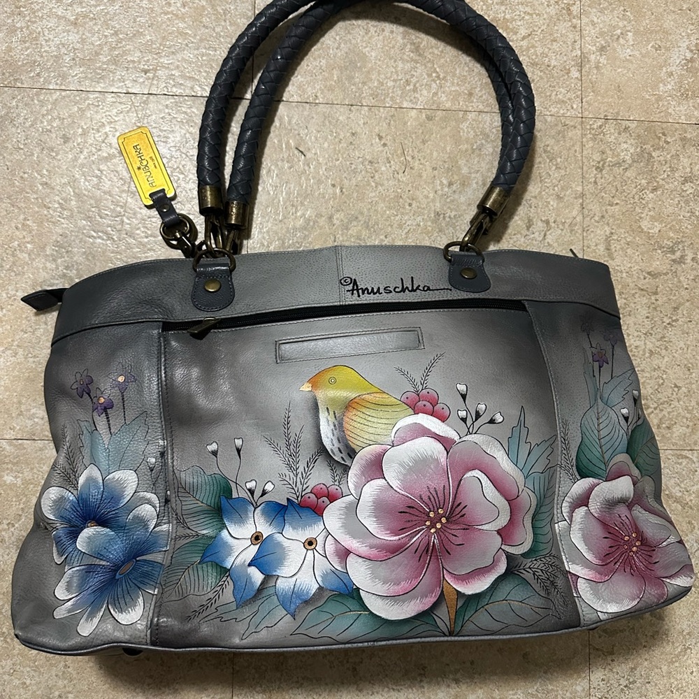 Anuschka Large Tote Floral Gray Hand Painted Leather Shoulder Purse. Brand New